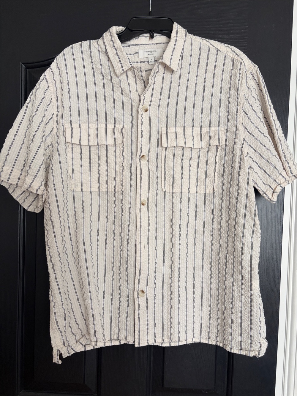 Banana Republic Cream Short-Sleeve Button-Down with Navy Stripes